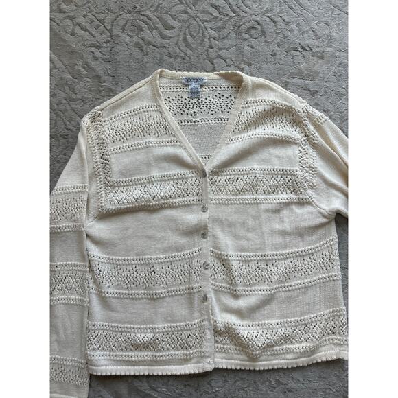 Vintage Cream Crochet Knit Cardigan Women’s Large Boho Open Weave Sweater - Picture 3 of 6